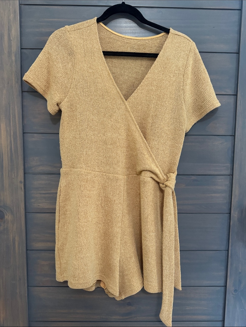 Skies Are Blue Tan Wrap Knit Romper with Side Tie